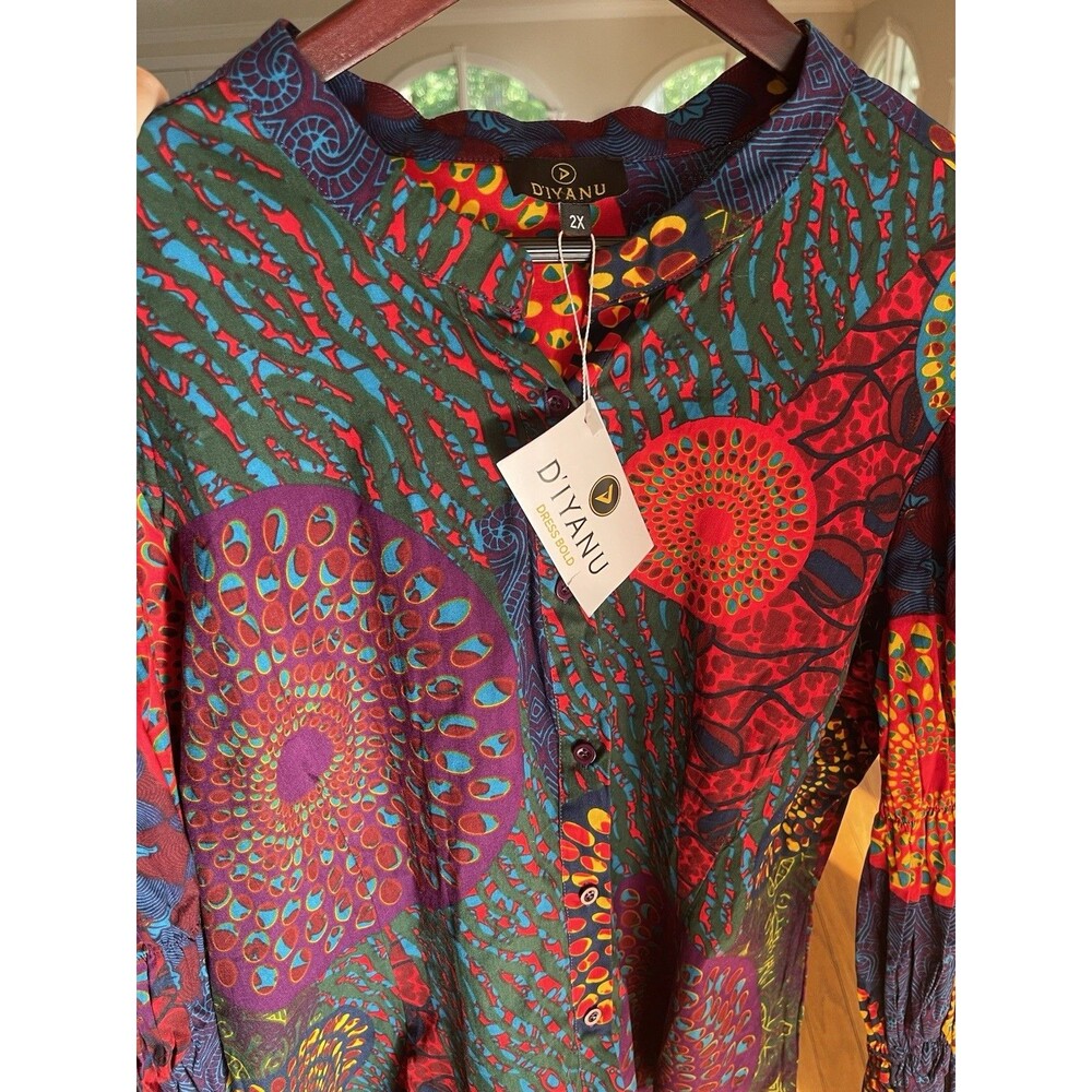 D'IYANU Dress Bold Blouse Geometric Africian Vibrant Colors Ladies 2X NWT